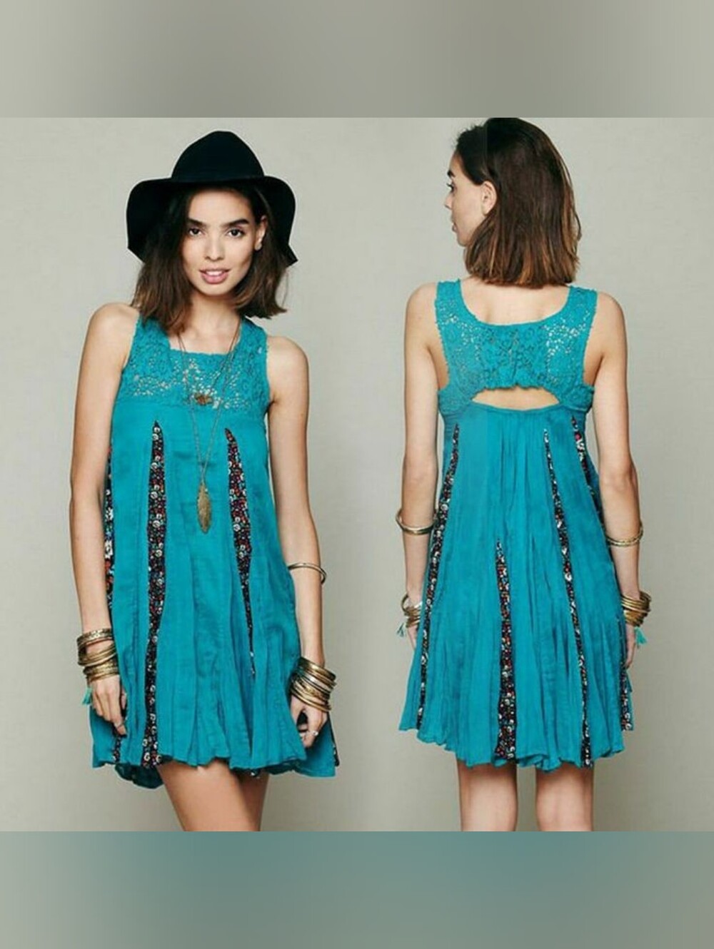 FP ONE free People Annabella Floral Godet Teal Crochet Yoke Swing Gauzy Dress